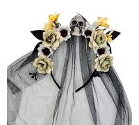 Oxxggkao Cerchietto per capelli da strega, con teschio, fiore, per Halloween, eventi, giorno dei morti, velo, fascia per capelli, accessorio per lo styling dei capelli