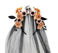 Oxxggkao Cerchietto per capelli da strega, con teschio, fiore, per Halloween, eventi, giorno dei morti, velo, fascia per capelli, accessorio per lo styling dei capelli