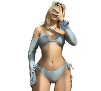 Oxxggkao Costume da bagno da donna in due pezzi con allacciatura al collo, top e slip con lacci laterali, costume da bagno con maniche a braccio da spiaggia, costumi da bagno a vita bassa, 3 pezzi