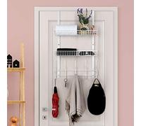 OYEAL Over The Door Hanger with 2 Mesh Baskets 5 Hooks, Detachable Storage Organizer Rack for Coats, Hats, Handbags,Towels, Easy Install Metal Hanging Hook Rack Shelf, White