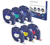 Oyemat Confezione da 6 Nastri Compatibili Dymo Letra Tag 91201 (x2) /91202/91203/91204/91205 12mm x 4m - Confezione di Nastri per Etichette in Plastica Colorati per LT-100H, LT-100T, XR, 200B, QX50