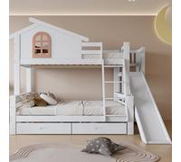 Oyemige Letti a Castello 90x200 e 120x200, Letto Per Bambini e Letto Madre con Finestra e Quattro Scale, Struttura Del Letto In Legno Massiccio, con Scivolo e Due Cassetti, Bianco, Senza Materasso
