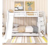 Oyemige Letto a castello 90x200&140x200, letto per bambini con 2 cassetti, letto a soppalco con contenitore e scivolo, letto multifunzionale con scala di contenimento, Bianco Antico(senza materasso)