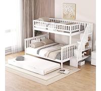 Oyemige Letto a Castello con Letto a Scomparsa, 90x200 cm Scala Matrimoniale con Contenitore, 140x200 Letto per Bambini con Rete A Doghe, Massiccio con Sponde, Bianco, Senza Materasso