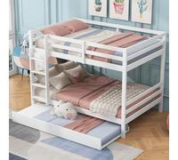 Oyemige Letto a Castello Contenitore, Letto matrimoniale 140x200 cm, Letto per Bambini con Rete a Doghe, Telaio in Legno Massiccio, ripiano per scale e estraibile,Guide alte, Bianco Senza Materasso