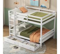 Oyemige Letto a Castello Contenitore, Letto matrimoniale 140x200 cm, Letto per Bambini con Rete a Doghe, Telaio in Legno Massiccio, ripiano per scale e due cassetti,Guide alte, Bianco Senza Materasso