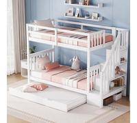 Oyemige Letto a Castello Contenitore, Letto matrimoniale 90x200 cm, Letto per Bambini con Rete a Doghe, Telaio in Legno Massiccio, ripiano per scale e estraibile,Guide alte, Bianco Senza Materasso