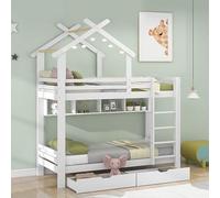 Oyemige Letto a Castello, Letto per Bambini 90x200 cm, Letto Matrimoniale con Cassetti e Ripiani, Letto Singolo con Scala Ad Angolo Retto A Tre Gradini con Parapetti, Pino, Bianco, Senza Materasso