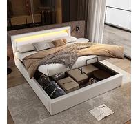 Oyemige Letto Imbottito 140x200 cm, Letto Matrimoniale Con Testata Illuminata A LED, Letto Contenitore Con Rete A Doghe E Funzione Idraulica, Adatto Per Adulti E Ragazzi, PU,Senza Materasso (Bianco)