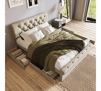 Oyemige Letto Imbottito 140x200 cm Matrimoniale Con 4 Cassetti e Rete a Doghe in Legno, Contenitore Con Testata Regolabile in Altezza, Funzionale, Naturale, Senza Materasso