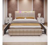 Oyemige Letto Imbottito 160x200 cm, Letto Contenitore con 4 Cassetti, Letto Matrimoniale con Testata, Rete a Doghe In Legno, con Ricarica Usb e Illuminazione a LED, Beige Senza Materasso