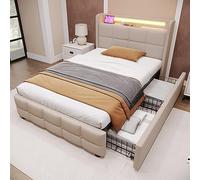 Oyemige Letto Imbottito 90x200 cm, Letto Contenitore con 4 Cassetti, Letto Matrimoniale con Testata, Rete a Doghe In Legno, con Ricarica Usb e Illuminazione a LED, Beige Senza Materasso