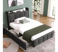 Oyemige Letto Imbottito 90x200 cm, Letto Singolo con Testata con Ricarica Usb e Illuminazione a LED, Letto Contenitore con 2 Cassetti, Rete a Doghe In Legno, Grigio (Senza Materasso)