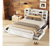 Oyemige Letto Matrimoniale 160x200 cm, Rete a Doghe con Testata Contenitore e Quattro Cassetti, Testata con Più Scomparti, Rete In Legno Massiccio per Adulti e Ragazzi, Bianco, Senza Materasso