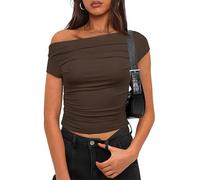 OYIGELZ Maglietta da donna a maniche corte basic Y2K, slim fit, taglio classico, crop top, tinta unita, estiva, casual, maglietta estiva, Marrone-L1, S