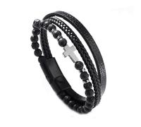 Oykrueats Bracciale da uomo nero, con croce di Gesù Cristo, chiusura magnetica da uomo, in pelle, con croce regolabile, per uomini, cristiani, nonni, papà, zio fratelli, Eine Grösse, ossidiana