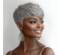OYM HAIR Parrucca corta per taglio di capelli da pixie grigio sfumato con frangia senza colla, parrucca ondulata con taglio pixie da grigio a nero, da donna, colore grigio