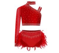 Oyolan Bambino Ragazza Vestito Danza Latina Jazz Strass Top Una Spalla e Gonna Set Danza Moderna Contemporanea Vestito Pattinaggio, rosso, 7-8 Anni