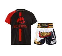 Oyolan Bambino Ragazzo Short da Boxe e T-Shirt Set Completo da Boxe Muay Thai MMA Kick Boxing Abbigliamento, 9-10 Anni