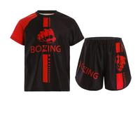 Oyolan Bambino Ragazzo Short da Boxe e T-Shirt Set da Boxe Combattimento Muay Thai MMA Kick Boxing 5-16 Anni, A rosso., 9-10 Anni