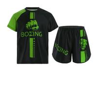 Oyolan Bambino Ragazzo Short da Boxe e T-Shirt Set da Boxe Combattimento Muay Thai MMA Kick Boxing 5-16 Anni, A verde., 9-10 Anni