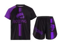 Oyolan Bambino Ragazzo Short da Boxe e T-Shirt Set da Boxe Combattimento Muay Thai MMA Kick Boxing 5-16 Anni, A viola., 9-10 Anni