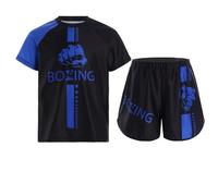 Oyolan Bambino Ragazzo Short da Boxe e T-Shirt Set da Boxe Combattimento Muay Thai MMA Kick Boxing 5-16 Anni, A blu., 9-10 Anni
