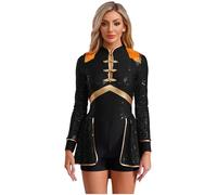 Oyolan Costume Cirque Monsieur Loyal, da donna, costume Ringmaster con paillette, maniche lunghe, Halloween, spettacolo carnevale, nero, M