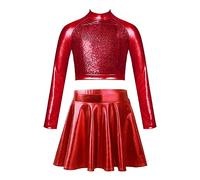 Oyolan Costume Danza Moderna Jazz E Hip Hop Bambine dai 9 Ai 14 Anni Progettato Le Performance con Un Gilet Metallizzato E Lucido con Maniche Lunghe E Una Gonna Pirottata