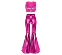 Oyolan Donna Costumi Feste Edm Set Top Corto E Pantaloni Gambo Largo Top Con Pennacchi Festival E Leggings Abito Pantaloni Scintillante Club Rosa scuro M