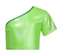Oyolan Maglietta in metallo per bambini e ragazze, a maniche corte, top danza, hip hop, lucido, abito da danza moderno, jazz, costume spettacolo da danza 3-16 anni, verde fluo, 11-12 Anni