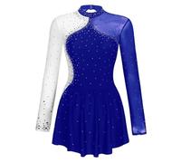 Oyolan - Vestito da donna per pattinaggio artistico asimmetrico, body da danza/ginnastica con strass, a maniche lunghe, per spettacolo, taglia S-XXL, blu, S