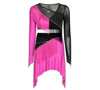Oyolan Vestito La Danza Latina Cha Cha Salsa Samba Jazz Roba Ballo Donna Gonna Corta con Lunghe Maniche E Strass Jupe con Frange Abito Lo Spettacolo Pattinaggio Rosa Scuro XL