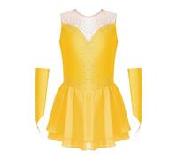 Oyolan - Vestito per pattinaggio artistico con strass, per danza, body da ginnastica, brillante, costume da danza, 5-16 anni, giallo, 7-8 Anni