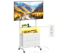 OYRREU Supporto TV con Ruote, Porta TV con LED e Presa Elettrica per 32-75" | Supporto TV da Pavimento, Mobile TV, Presa di Corrente e USB, Altezza Regolabile, 4 Cassetti in Tessuto, Bianco