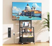 OYRREU Supporto TV da Pavimento con Ruote per TV 32-75 Pollici, Nero | Presa di Corrente e USB | 3 Ripiani | Cassetto in Tessuto | Altezza Regolabile | Max VESA 600x400 mm | Carico 50 kg