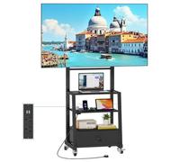 OYRREU Supporto TV da Pavimento per 32-75 Pollici con Presa di Corrente e USB, Mobile TV con Ruote con 3 Ripiani e Cassetto, Altezza Regolabile, VESA 600x400 mm, Carico 50 kg, Nero