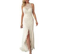 oytto Abiti in pizzo per le donne senza maniche Maxi abito sexy Halter Neck Slit abito vintage per cocktail party prom sera abiti da sposa ospiti, bianco, L