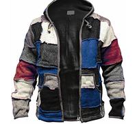 oytto Giacca da uomo con cappuccio Hippie con cerniera patchwork in pile foderata Festival Boho Hippy, Blu (senza velluto), XL