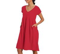 Oyuchga Abito estivo da donna, taglie grandi, in lino, cotone, elegante, tinta unita, a maniche corte, casual, scollo a V, girocollo, abito in lino, comodo, leggero, per il tempo libero, A rosso., XXL