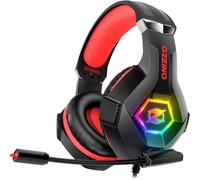 Ozeino Cuffie da gioco per PC, PS4, PS5, Xbox, cuffie da gioco con cancellazione del rumore, microfono flessibile, paraorecchie, luce RGB per telefono, interruttore, Mac, rosso