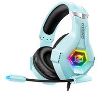 Ozeino Cuffie Gaming per Ps4 Ps5 PC, Cuffie con Microfono Cancellazione del Rumore, 3D Surround Sound, Cuffie Comfort con LED RGB, Blu Chiaro