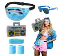 OZNXWRYY Accessori Abbigliamento Anni ’80 Donna Uomo Set Completo con Marsupio LED Blu, Fascia e Polsini Neon, Occhiali da Sole e Radio 40cm per Feste a Tema Carnevale Disco