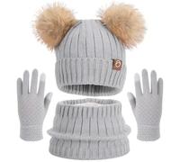 OZXVXZO Cappello a Maglia Bambini Invernale Sciarpa Guanti, Berretto in Maglia con Pompom Berretto Sciarpa Beanie Cappello Scaldacollo per Ragazzo e Ragazza - Grigio