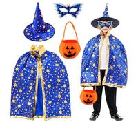 OZXVXZO Costume di Halloween per bambini,Halloween Cappello Per Bambini Witch,Mantello Wizard con cappello,Zucca Candy Bag,Maschera Oculare,Costume di Wizard,Bambini Puntelli di Cosplay-B