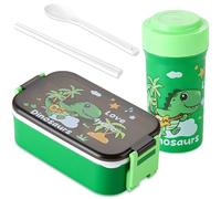 OZXVXZO Set da Pranzo per Bambini con Bicchiere e Porta Pranzo con Posate, Bambino Bento Box con 2 Scomparti, 500 ml + 900 ml - Dino, Verde