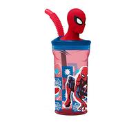 p:os 35478 - Spiderman bottiglia d'acqua per bambini con cannuccia integrata, coperchio e figura 3D, recipiente per bevande con capacità di circa 360 ml, ideale per bevande fredde