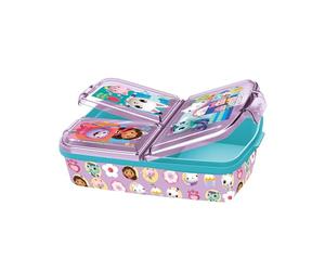 p:os 36543 - Gabbys Dollhouse porta pranzo per bambini con 3 scomparti, porta pranzo in plastica con chiusura a clip, porta merenda per asilo, scuola e tempo libero