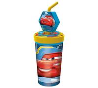 p:os Cars, tazza per bambini con cannuccia integrata, coperchio e figura 3D, contenitore da circa 475 ml, ideale per bevande fredde