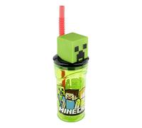 P:OS 33198 - Bicchiere per bambini con cannuccia e coperchio, con personaggio 3D in design Minecraft da 360 ml, in plastica to-go, senza BPA e ftalati